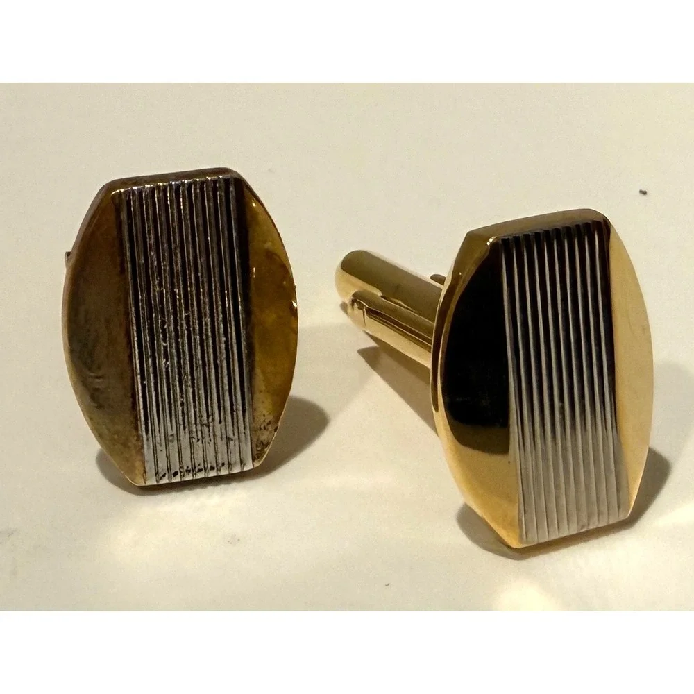 Vintage Stafford Gold Silver Toned Cuff Links Vertical Ribbed Pattern Box